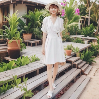 Đầm xoè cổ tim phối nút cách điệu 2 màu, váy dạo phố du lịch (kèm hình thật)