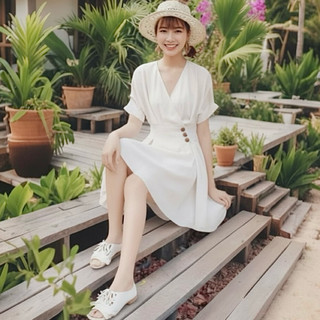 Đầm xoè cổ tim phối nút cách điệu 2 màu, váy dạo phố du lịch (kèm hình thật)