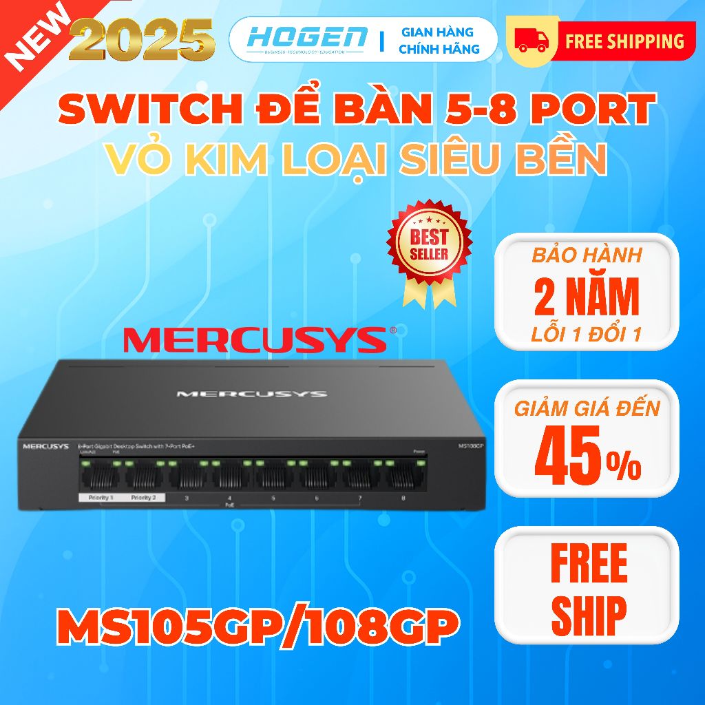 Switch Mercusys TP-Link 5/8 Port MS105GP/108GP-Vỏ Kim Loại,Cắm Và Chạy,Truyền Tải Upto 250m, BH 24TH