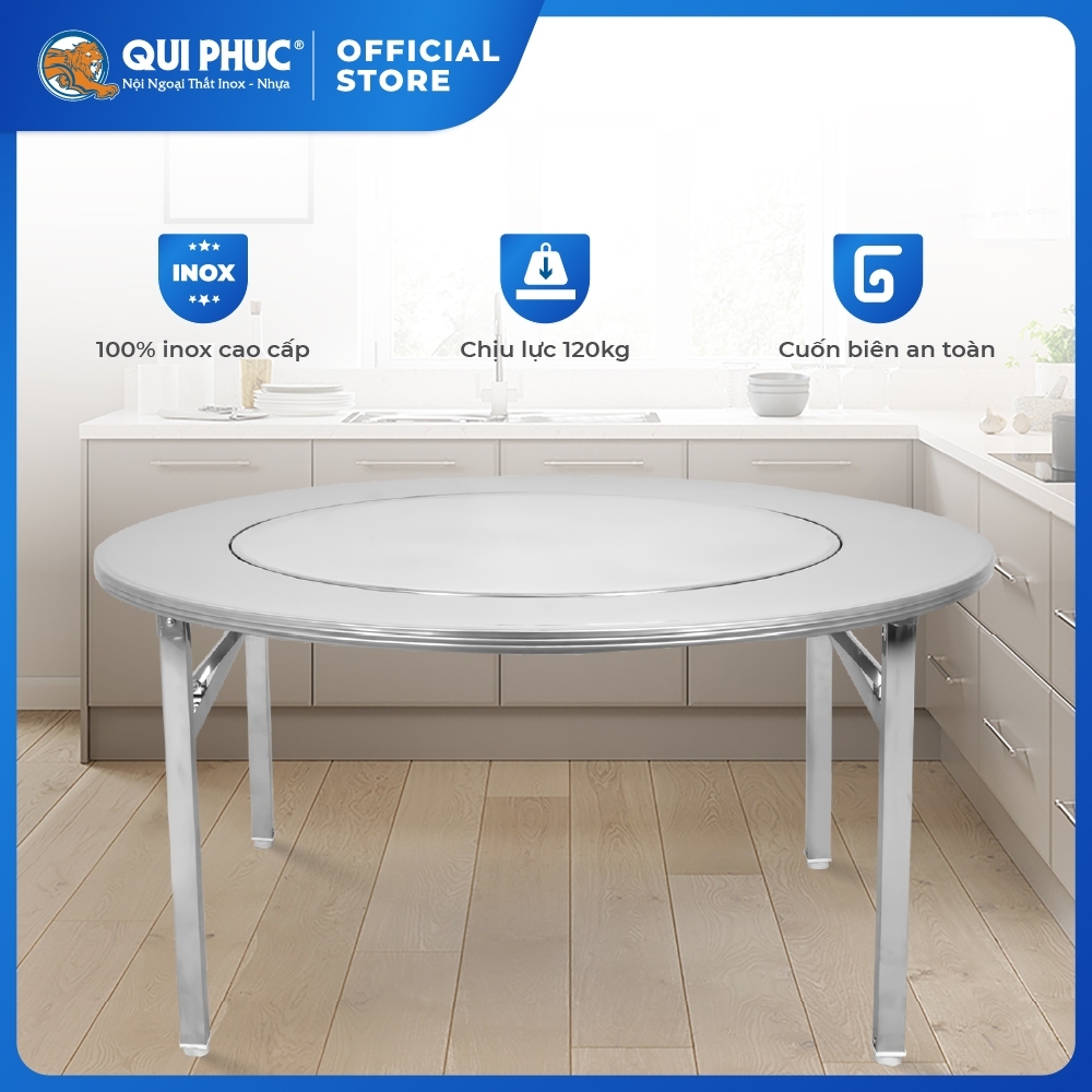 Bàn inox 1m4 gấp gọn Revin QUI PHÚC, mặt bàn có mâm xoay 360 độ, bàn ăn gia đình, nhà hàng tiện lợi