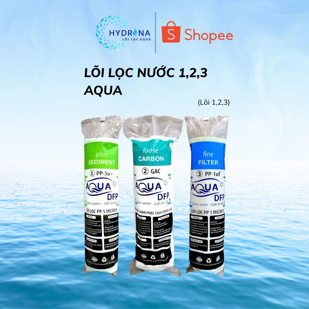 Bộ 3 lõi lọc nước 123 AQUA Chính hãng. Sử dụng cho tất cả dòng máy Kangaroo, Karofi, Sunhouse, Aqua.