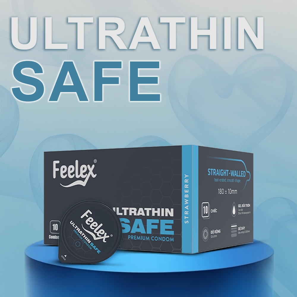 Bao cao su Feelex Ultrathin Safe siêu mỏng, nhiều gel bôi trơn - Hộp 10 bcs