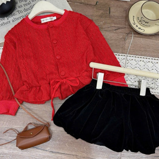  {Hàng loại1} Set áo len thừng đỏ rút dây gấu mềm mịn phối chân váy nhung đen cho bé gái diện Noel,Tết từ10-30kg Hom Kids 