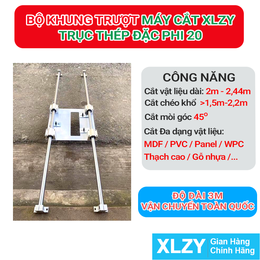 Bộ khung ray trượt máy cắt Phi 20mm Dài 3m - Cắt nhựa Nano, tấm ván MDF / PVC / Panel / Thạch cao / 