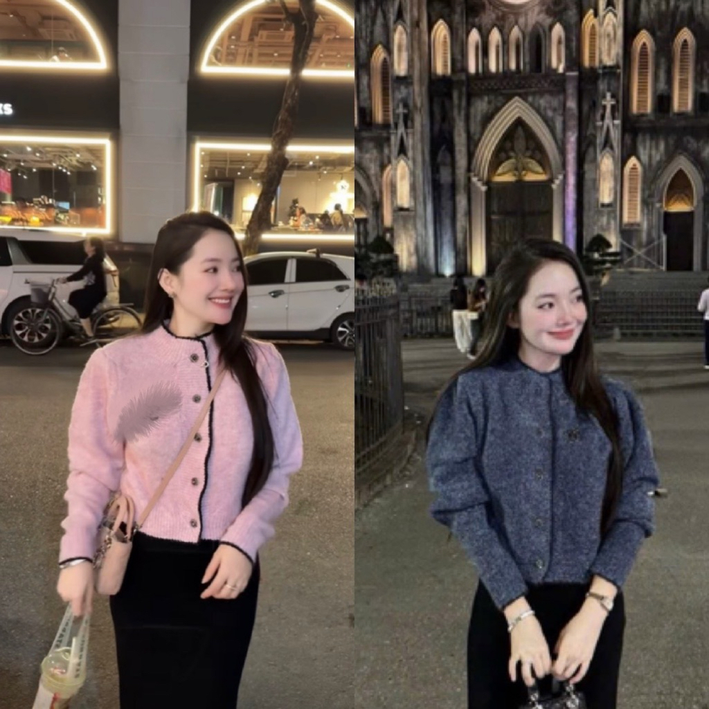 Áo len cadigan viền kèm tag cài ( xanh -hồng)