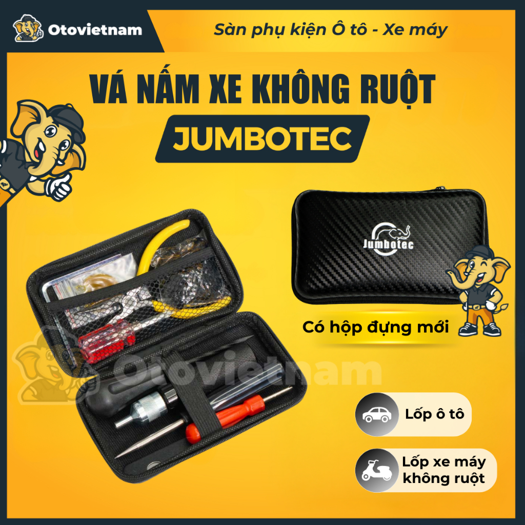Vá Nấm Xe Không Ruột Jumbotec - 10 Món Kèm Túi Da - Vá Lốp Ô Tô, Xe Máy (Không Cần Vá Trong Lại)