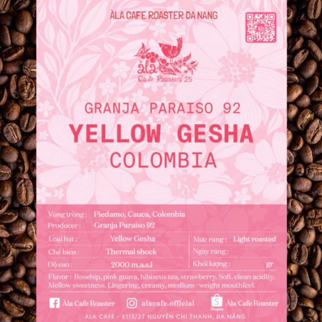 Cà phê Specialty Colombia Yellow Gesha Paraiso 92 gói 200g rang light