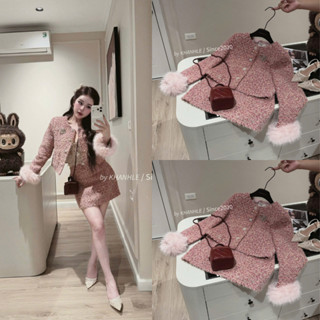 DAY CHIC -et bộ tweed hồng phối lông tay bồng thanh lịch áo khoác ngắn kiểu dáng thanh lịch  chân váy ngắn dáng ôm nữ 