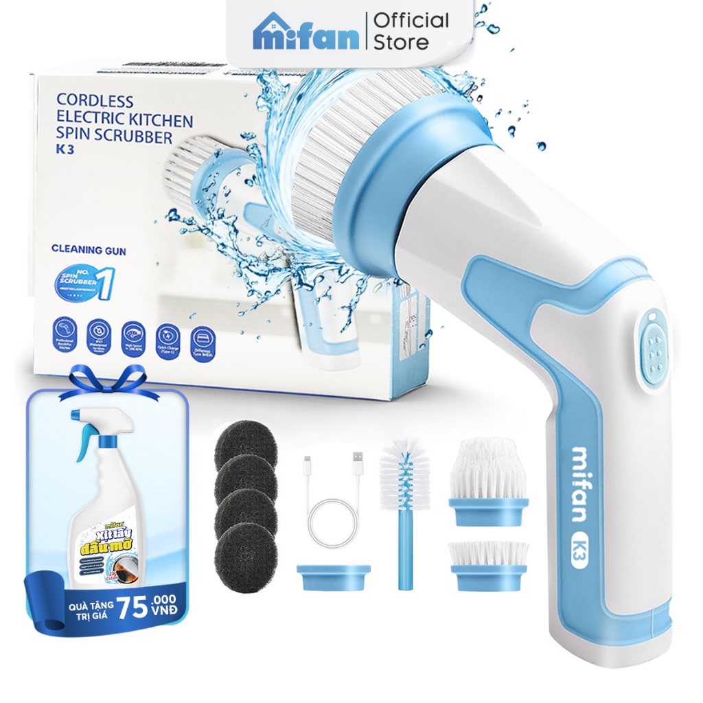  Máy Cọ Rửa Điện Cầm Tay Đa Năng Mifan K3 25W - Kèm 4 Đầu Chổi Pin Sạc 2000mAh Chống Nước IPX7 Tốc Độ 500rpm BH 12 Th 