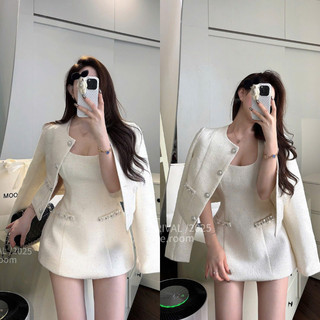  DAY CHIC -Set váy áo dạ tweed trắng mịn dáng ôm croptop áo khoác tay phồng nhẹ cúc đá váy suông ngắn 