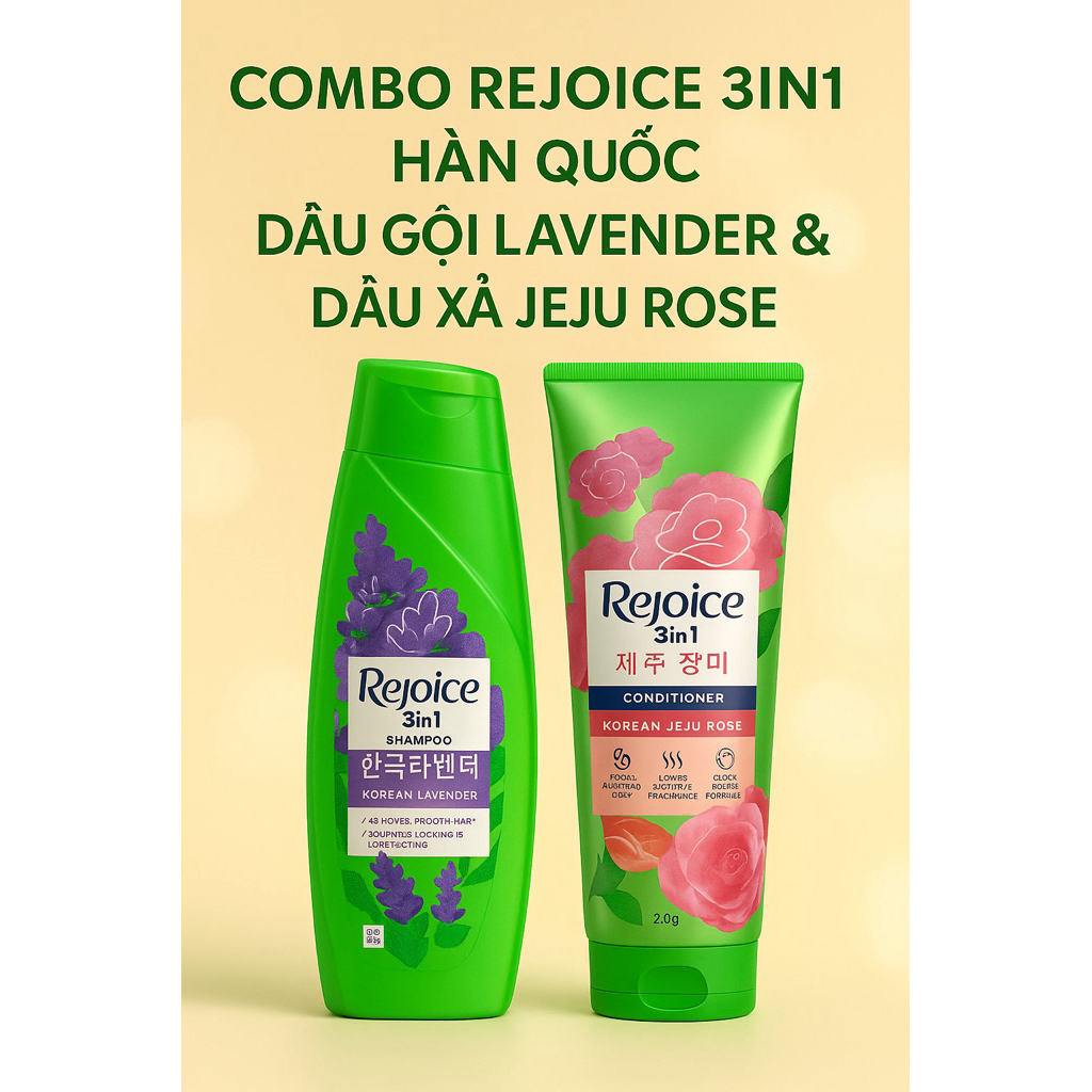 Combo Rejoice 3in1 Hàn Quốc – Dầu Gội Lavender & Dầu Xả Jeju Rose 3in1