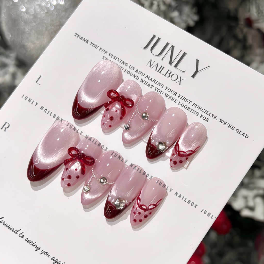 Nailbox Thiết kế JUNLY móng tay giả tông đỏ mắt mèo noel tết mã 767
