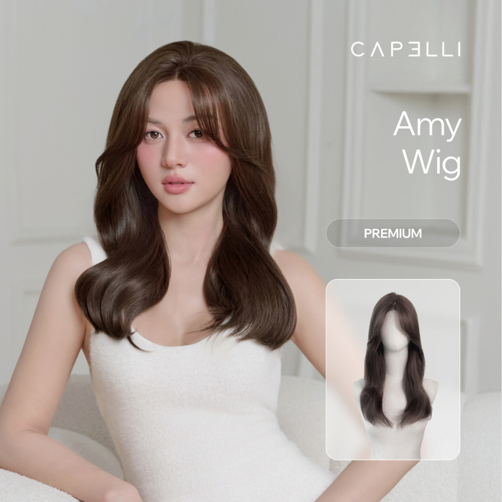 Tóc Giả Nguyên Đầu Siêu Da Lưới Lace CAPELLI Xoăn Lơi Mái Bay Màu Trầm 45cm Amy Premium Wig