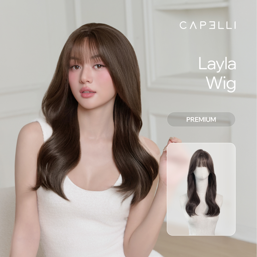 Tóc Giả Nguyên Đầu Siêu Da Lưới Lace CAPELLI Xoăn Lơi Mái Thưa Màu Trầm 45cm Layla Premium Wig