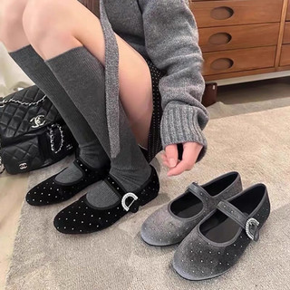 Giày ballet nữ mũi tròn nhung mịn đính đá chấm bi sang êm chân