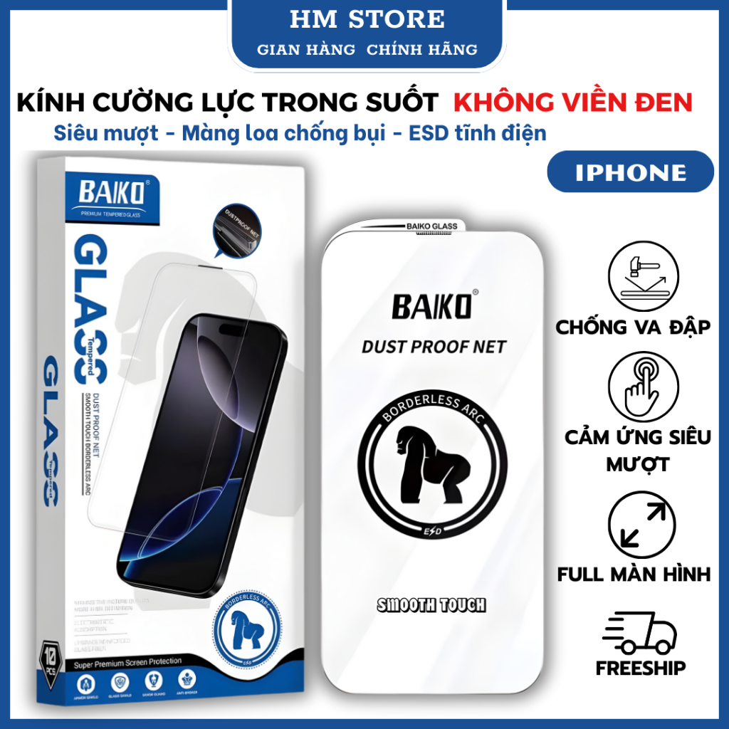 Kính Cường Lực Baiko Không Viền Đen Cho Iphone 17 Pro Max/16/15/14/13/12/11 Pro/Plus/Promax