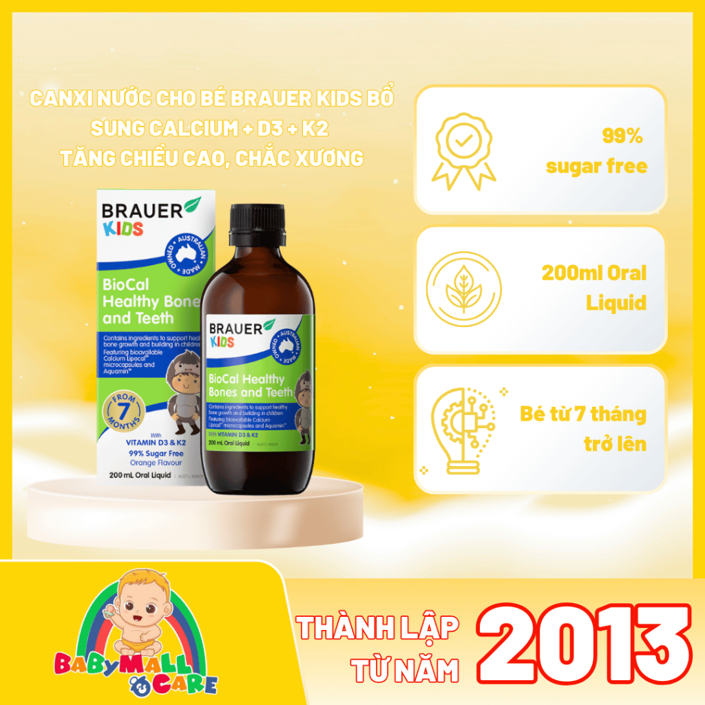 Brauer Kids BioCal Healthy Bones and Teeth – Bổ Sung Calcium + D3 + K2 – Tăng Chiều Cao, Chắc Xương