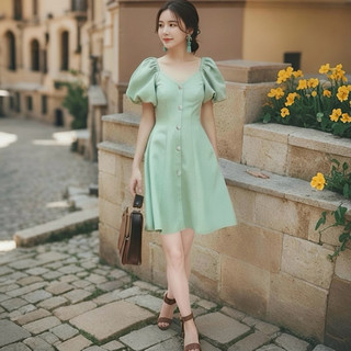 Đầm mint cổ V tay bo, váy thiết kế thanh lịch mặc đi làm đi chơi đều xinh (kèm hình thật)
