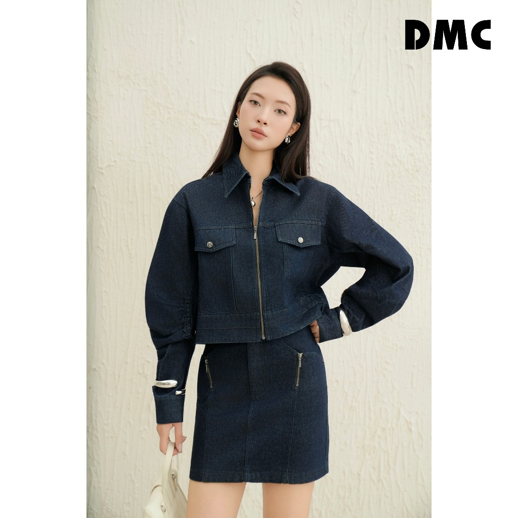 Áo jacket denim dáng lửng cổ sơ mi DMC (Navy Cropped Denim Jacket)