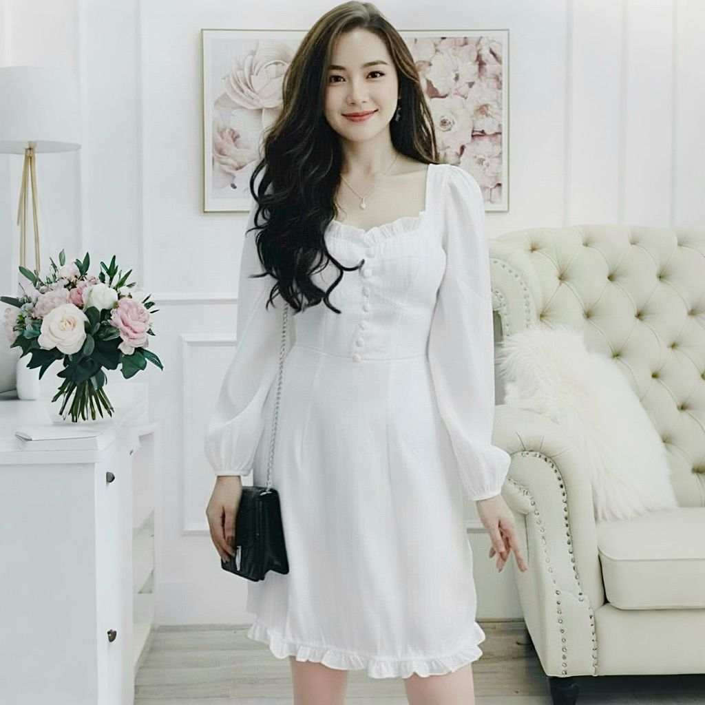 Đầm trắng cổ bèo nút bọc, váy vintage mặc đi tiệc đi chơi rất xinh (kèm hình thật)