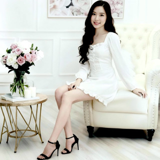 Đầm trắng cổ bèo nút bọc, váy vintage mặc đi tiệc đi chơi rất xinh (kèm hình thật)