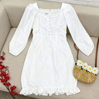 Đầm trắng cổ bèo nút bọc, váy vintage mặc đi tiệc đi chơi rất xinh (kèm hình thật)