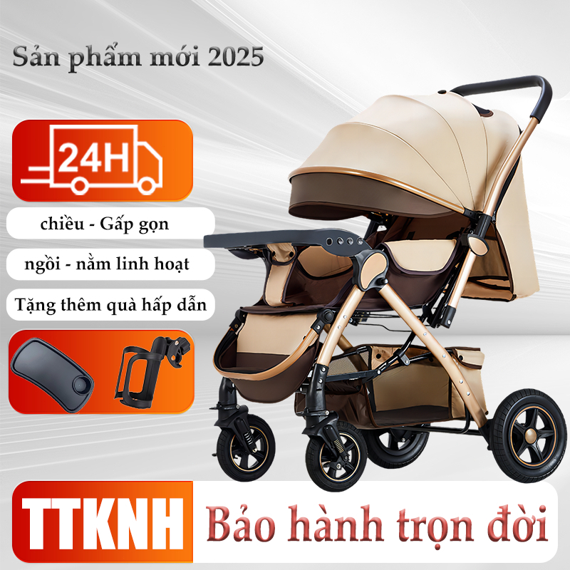 xe đẩy gấp gọn cho bé Beige,xe đẩy cho bé, tặng khay bàn ăn,có lò xo giảm xóc,có thể gấp gọn