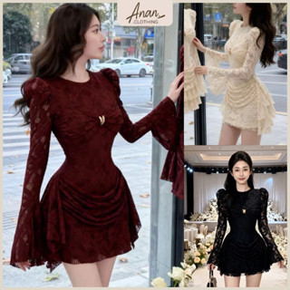  Váy Nữ Ôm Body Váy Dự Tiệc Váy Ren Dài Tay Ống Loe Nhún Eo 3 Màu Đỏ Đen Trắng Kem Siêu Xinh Sang Chảnh Anan Clothing 
