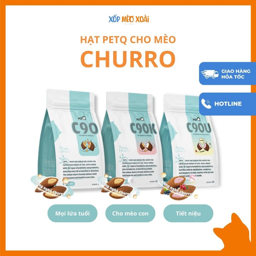 Hạt PetQ Churro C90, C90K, C90U – Hạt mèo 90% Thịt & Dầu Động Vật, Dễ Tiêu Hóa, Grain-Free