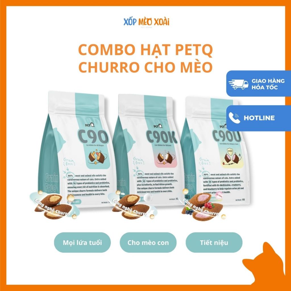[COMBO] Hạt PetQ Churro C90, C90K, C90U – Hạt mèo 90% Thịt & Dầu Động Vật, Dễ Tiêu Hóa, Grain-Free