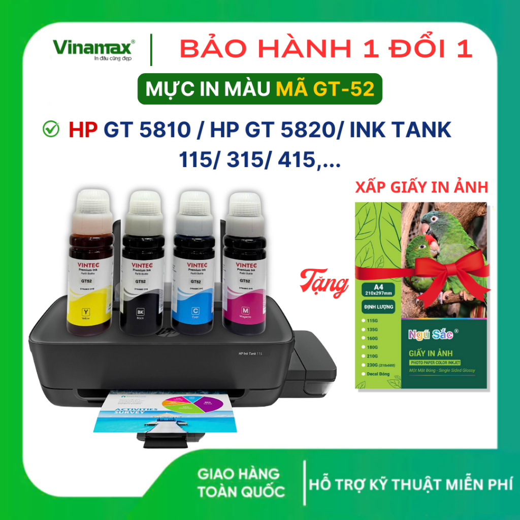 Mực in phun HP GT52 dành cho máy HP GT 5810/ 5820/ Tank 210, 215, 315, 415, 580, 585,...in đậm, sắc 