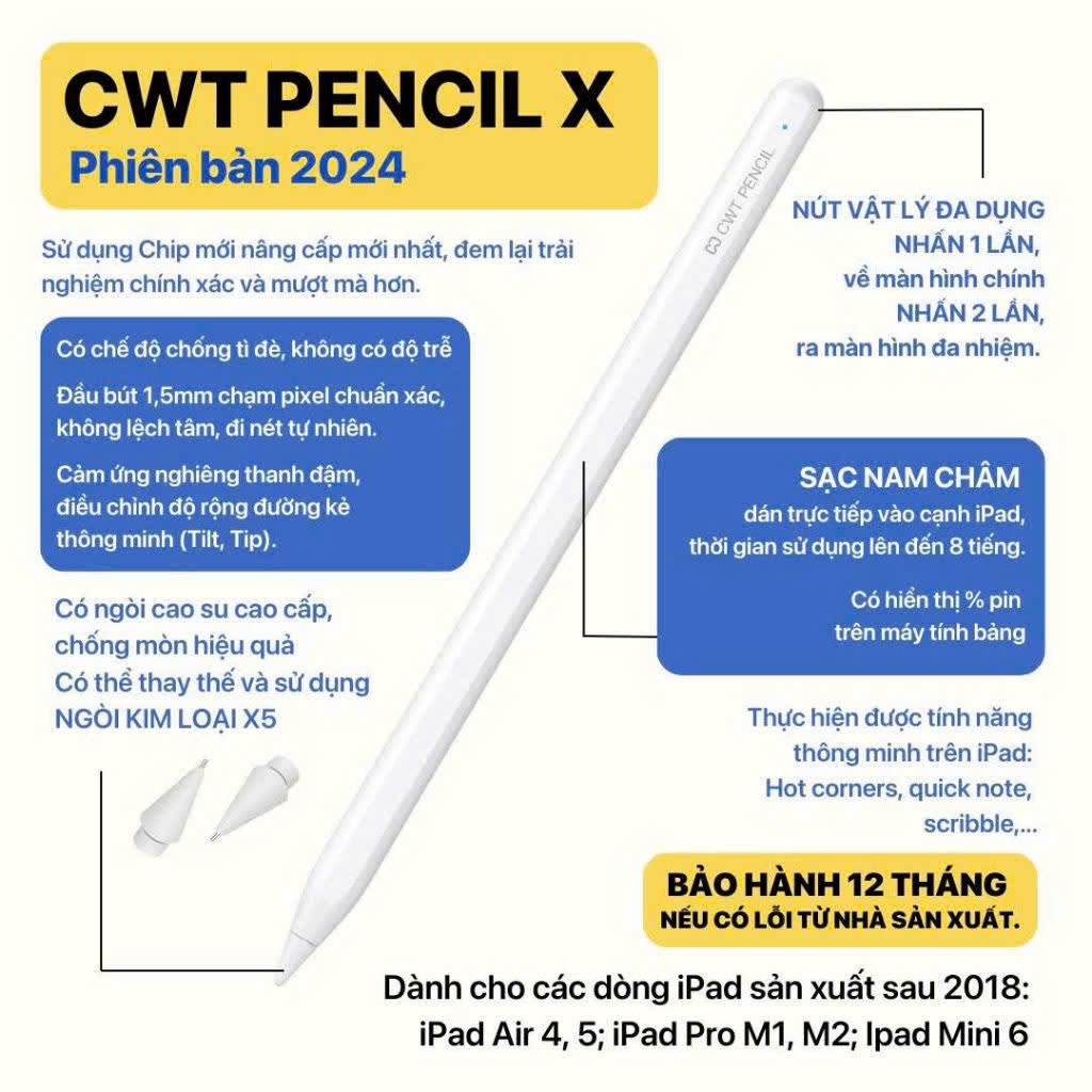 Bút cảm ứng CWT Pencil X 2024 hỗ trợ sạc k dây cho máy tính bảng i.os từ 2018 trở đi