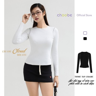 [ MỞ BÁN ] Áo thun nữ dài tay Trimie Top Choobe cổ tròn phối viền in phông ôm body fit dáng cotton co giãn 4 chiều A92