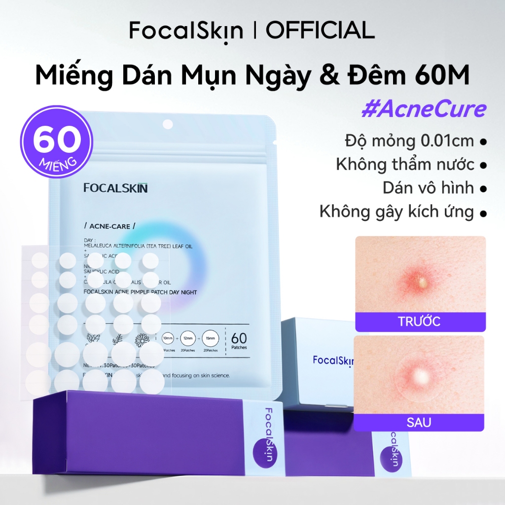 Miếng Dán Mụn BHA FOCALSKIN Siêu Mỏng 0.01cm Hút Mụn Sạch + Giảm Sưng + Che Mụn Makeup 60M Ngày Đêm