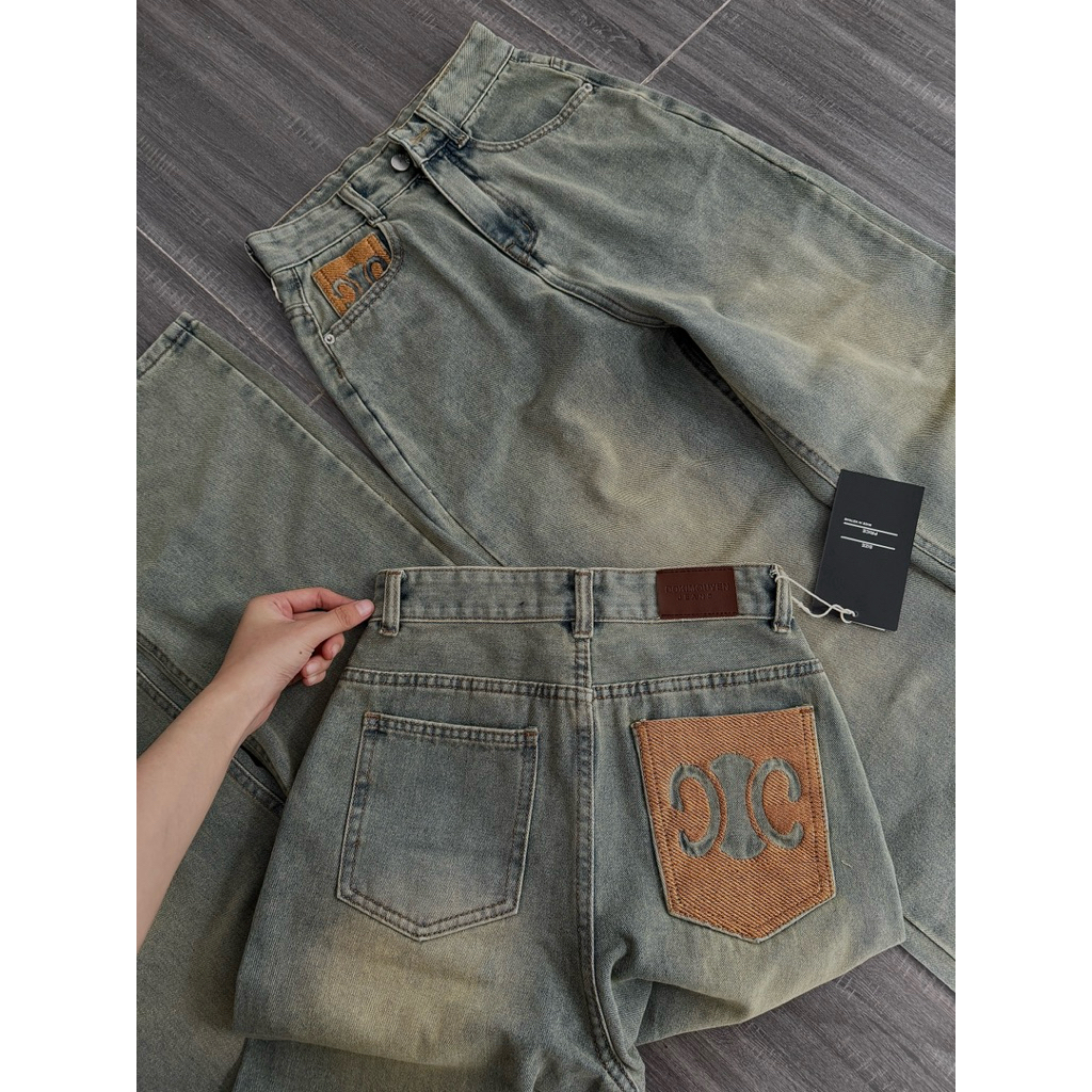 Quần jeans nữ ống suông vải QC phối thêu Nâu cam túi Q1729
