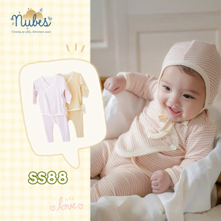  TẶNG KÈM MŨ  Bộ Quần Áo Sơ Sinh Nubes Cotton kẻ Hàn Quốc Cài Chéo Dài Tay Kèm Mũ Cho Bé 0-9 Tháng NB25-SS88 