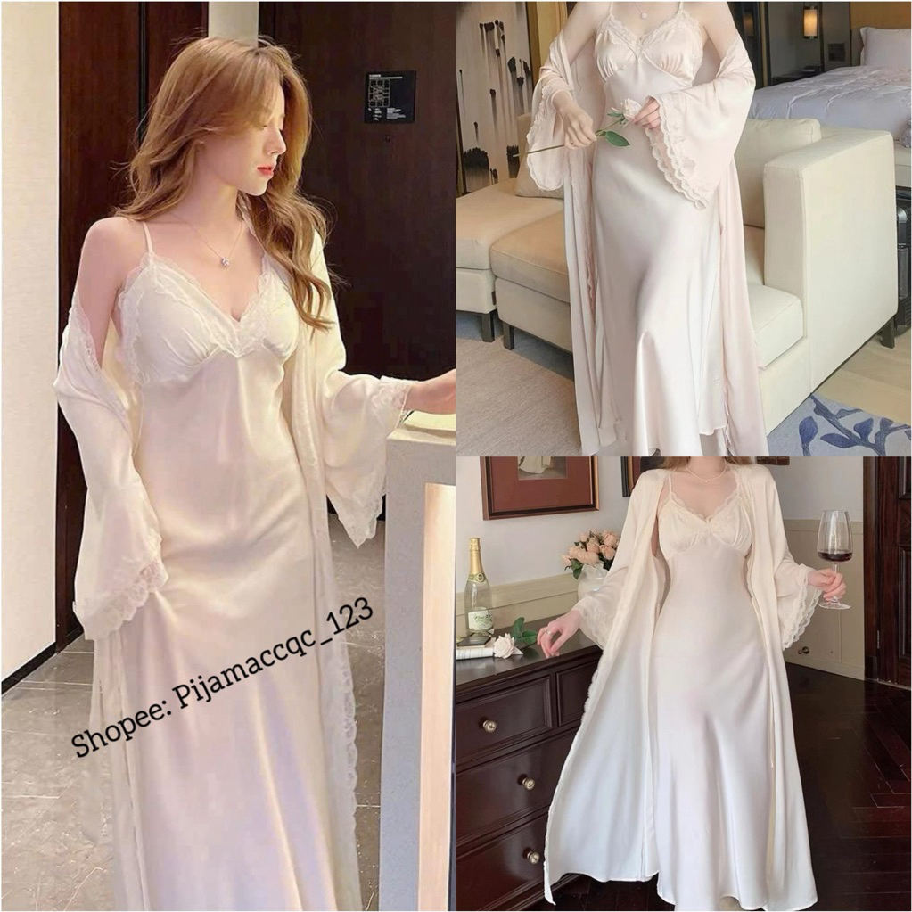 ❤️Hàng QC❤️Set choàng kèm váy ngủ 2s dài trơn xinh_LEISURE_lụa satin cao cấp quảng châu B505.