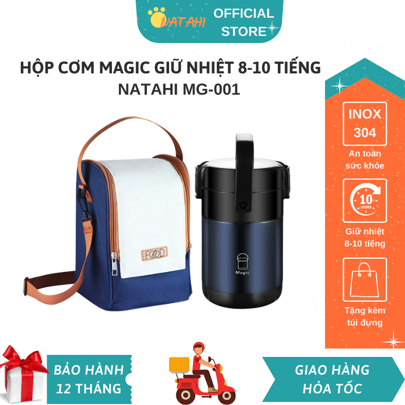 Hộp cơm giữ nhiệt 8-10 tiếng Modern Magic NATAHI MG001 Inox 304 chống gỉ, nhựa PP5, tặng kèm túi giữ