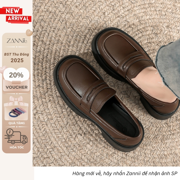 Giày Penny Loafer/ Lười Nữ Da Mềm Kiểu Penny Đế Cao 3,5cm Mũi Tròn Thanh Lịch Hai Màu Đen Nâu