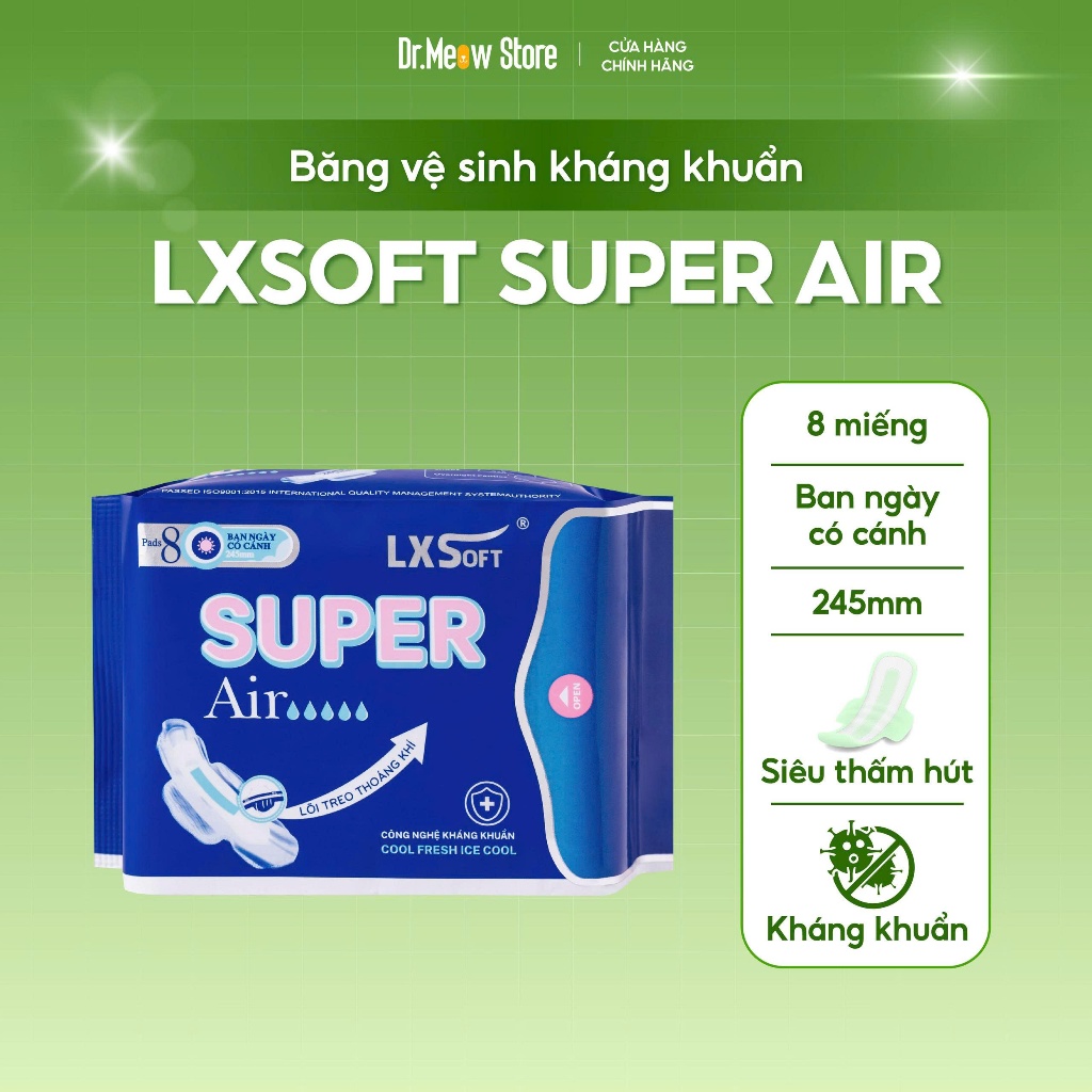 Băng Vệ Sinh Bạc Hà SUPER AIR LXSoft Hàn Quốc - Siêu Thấm, Lõi Treo Thoáng Khí, Chống Tràn, Dịu Mát