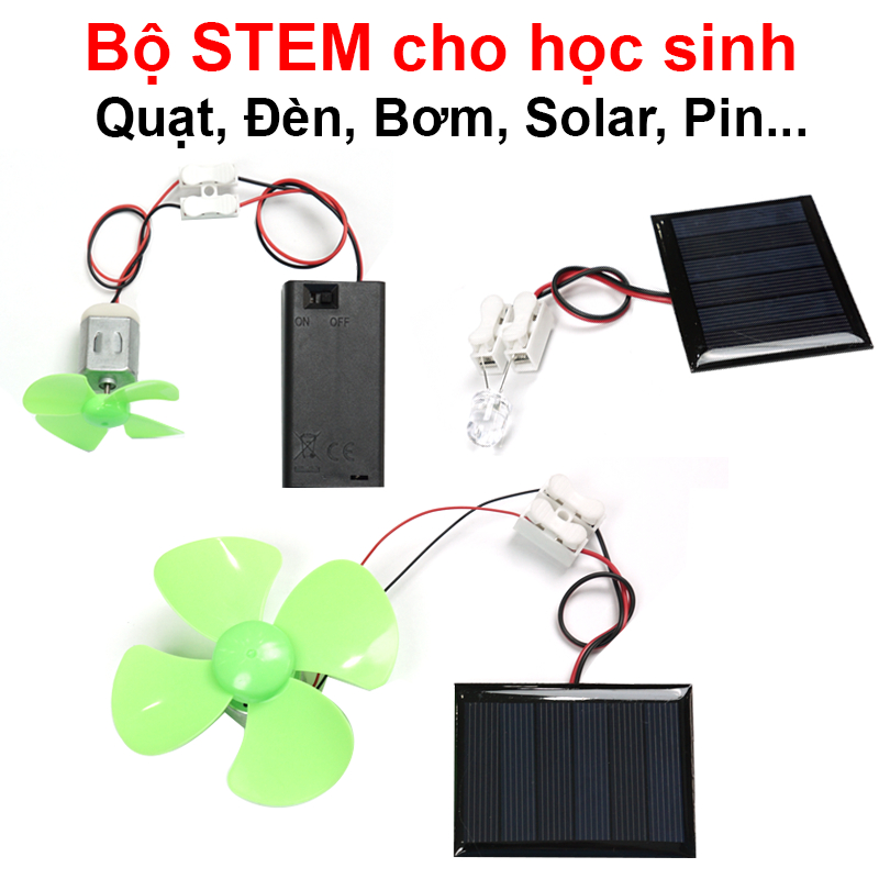 Bộ STEM cho học sinh, đèn Năng lượng mặt trời, quạt gió, bơm nước mini, pin