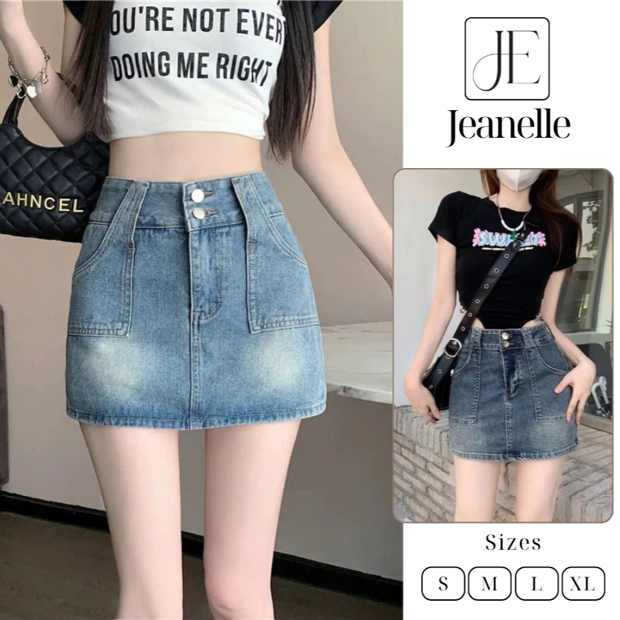 Chân váy jean chữ A dáng ngắn cạp cao có quần lót trong trẻ trung năng động chất liệu jean cao cấp V1 V19 Jeanelle Store