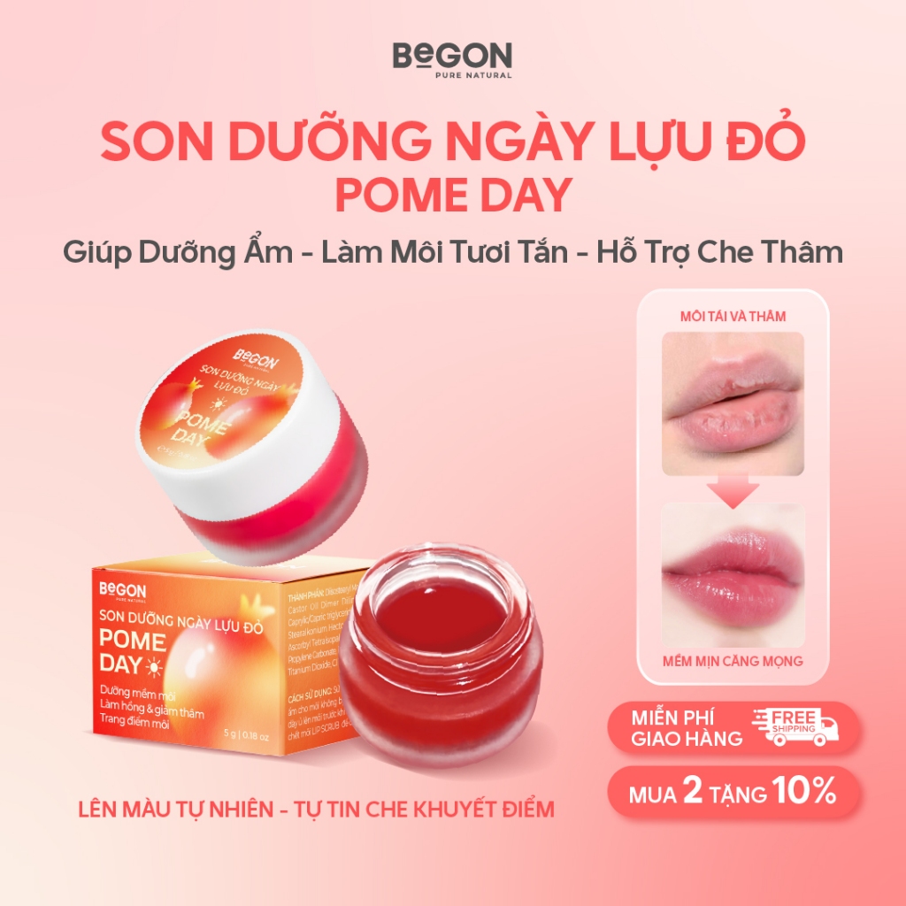 Son Dưỡng Ngày Lựu Đỏ Pome Day BeGON, Hỗ Trợ Mềm Môi, Giúp Làm Hồng & Cải Thiện Thâm Môi 5gr