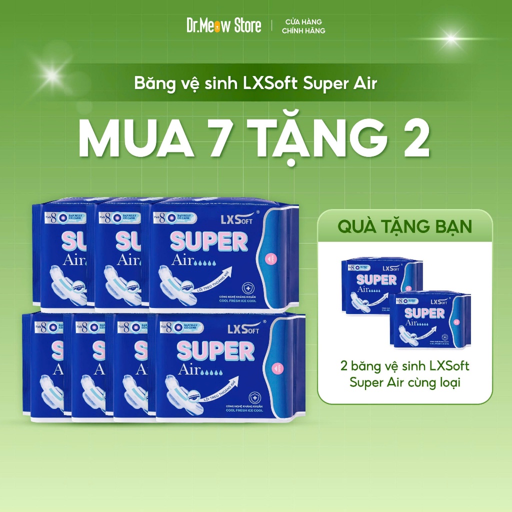 [MUA 7 TẶNG 2] Băng vệ sinh LXSoft SUPER AIR - Bề mặt lưới tinh chất bạc hà tự nhiên, kháng khuẩn, a