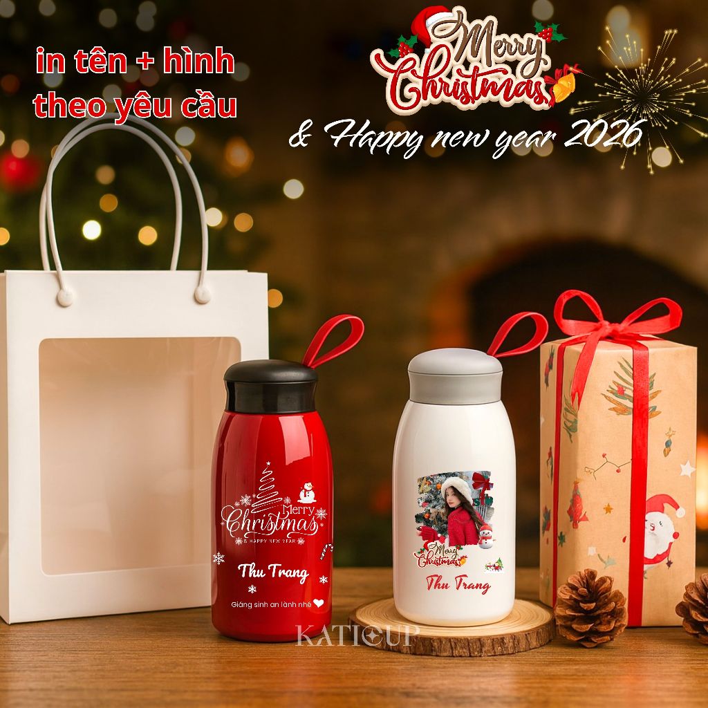 Set quà Giáng sinh Noel Bình Giữ Nhiệt Hello 520ml Katicup kèm túi gói quà, quà noel trend in tên, h