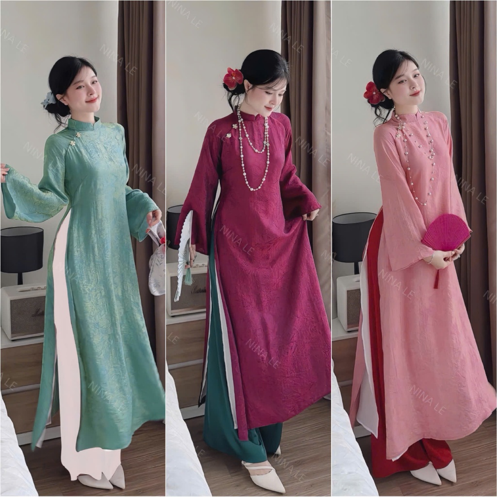 A133 Áo Dài Cách Tân Hồng Đăng Ánh Kim 4 Tà Kèm Charm Sang Trọng Akara Closet