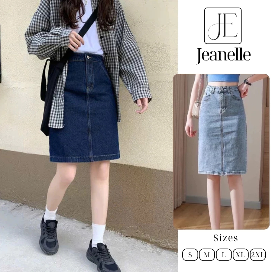 Chân váy midi jean dài nữ lưng cao dáng A nhẹ cạp khóa xẻ sau trẻ trung năng động Jeanelle Store