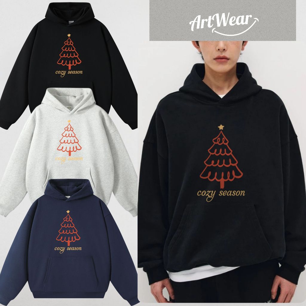 Áo Hoodie Noel COZY SEASON nỉ bông ArtWear – Hoodie Giáng Sinh rộng mũ to đen, xanh than, xám tiêu p