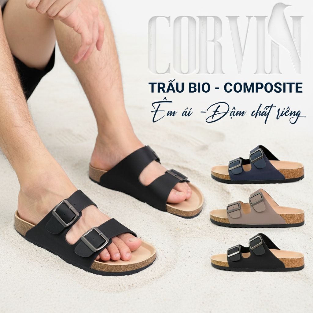 Dép đế trấu CORVIN NOBLE quai ngang đôi 2 khóa da Microfiber đế đệm cao su form công thái học mặt ló