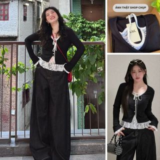  Áo thun nữ kiểu sang chảnh dài tay cổ V dáng ôm  tay áo có ren  áo thun thu đông phối ren thắt nơ phong cách Hàn Quốc 
